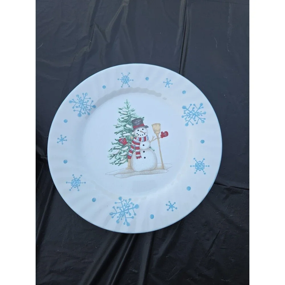 Christmas Village Snowman Snowflake Ceramic Dinner Plates 10.5